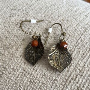 Small Brass Leaf Pierced Earrings With Small Dangle Bead